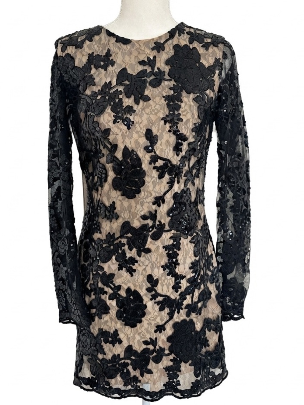 Dress the Population Hilary Floral Sequin Mini Dress Nude Lining S